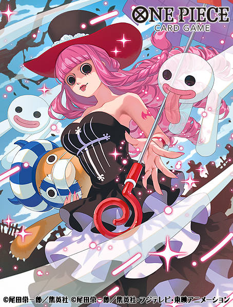 1girl arm_tattoo black_eyes black_hair commentary_request copyright_name dress drill_hair ekusiun floating_hair frilled_dress frills ghost hat kumacy long_hair looking_at_viewer official_art one_piece one_piece_card_game perona pink_hair sparkle tattoo tongue tongue_out umbrella watch wind wristwatch
