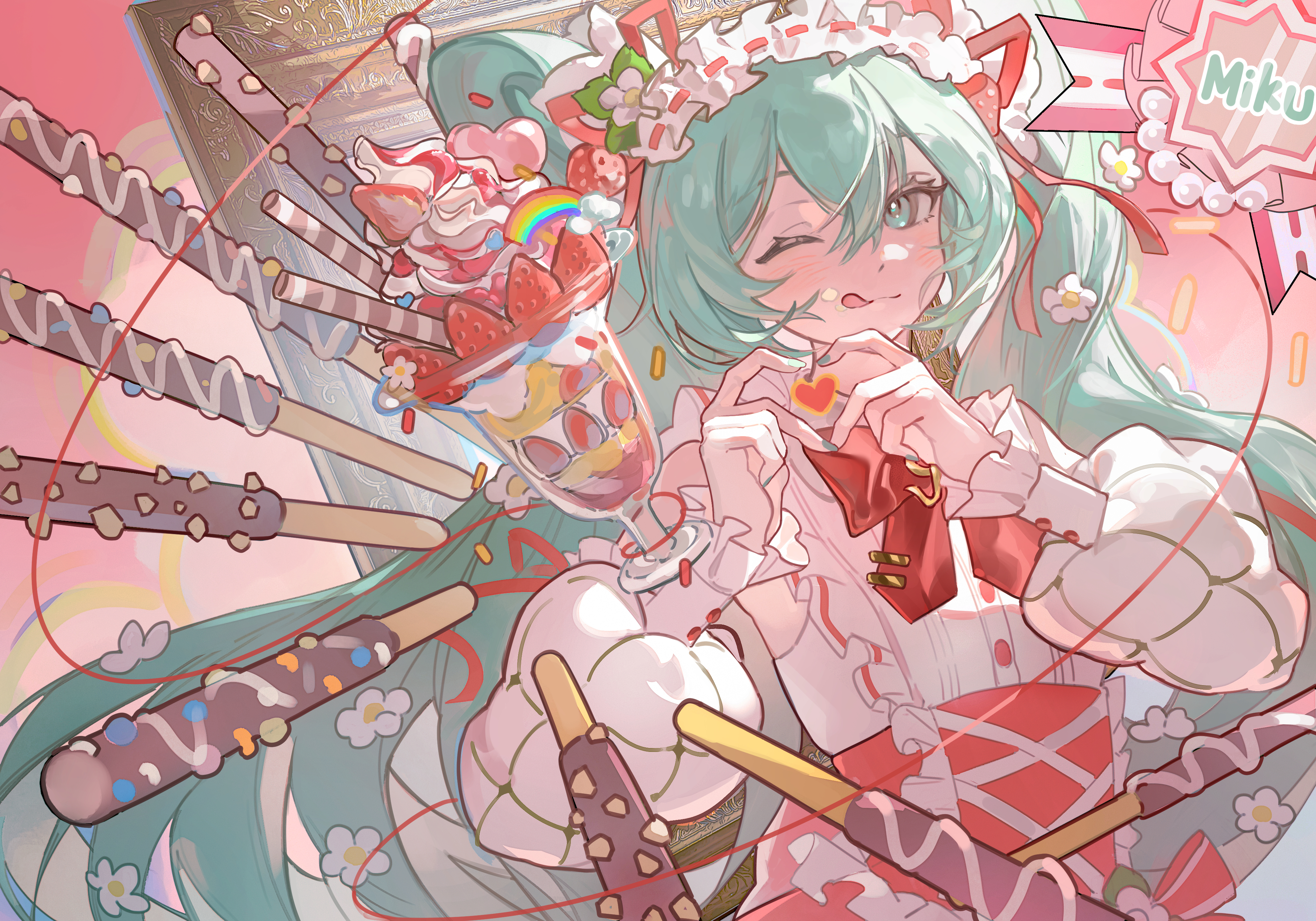 1girl four-finger_heart_hands ;q absurdres aqua_eyes aqua_hair bow bowtie character_name commentary cup flower flve food frilled_hairband frills fruit hair_between_eyes hair_flower hair_ornament hair_ribbon hairband hatsune_miku heart heart_hands highres ice_cream long_hair long_sleeves looking_at_viewer maid maid_headdress miku_day one_eye_closed puffy_long_sleeves puffy_sleeves red_bow red_bowtie red_ribbon ribbon solo sprinkles strawberry strawberry_miku_(morikura) string string_of_fate sundae tongue tongue_out twintails upper_body very_long_hair vocaloid white_flower white_headdress