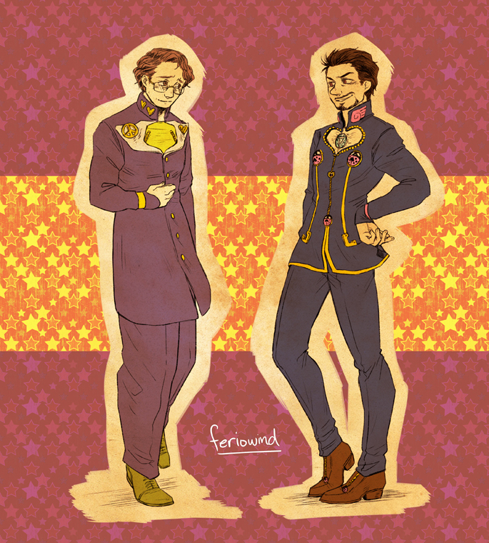 2boys avengers_(series) black_hair brown_hair bruce_banner cleavage_cutout clothing_cutout cosplay crossover facial_hair feriowind giorno_giovanna giorno_giovanna_(cosplay) glasses higashikata_josuke higashikata_jousuke_(cosplay) jojo_no_kimyou_na_bouken male_focus marvel md5_mismatch multiple_boys mustache tony_stark vento_aureo