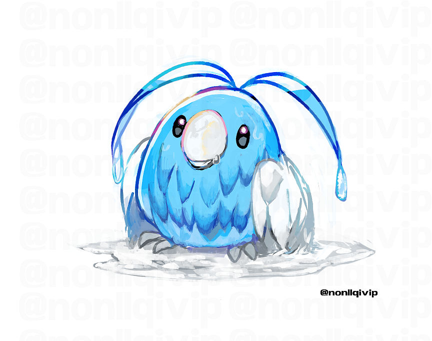 artist_name bird black_eyes closed_mouth commentary_request full_body gen_3_pokemon nintendo no_humans pokemon pokemon_(creature) pokemon_focus puddle simple_background solo swablu wet white_background yamanashi_taiki