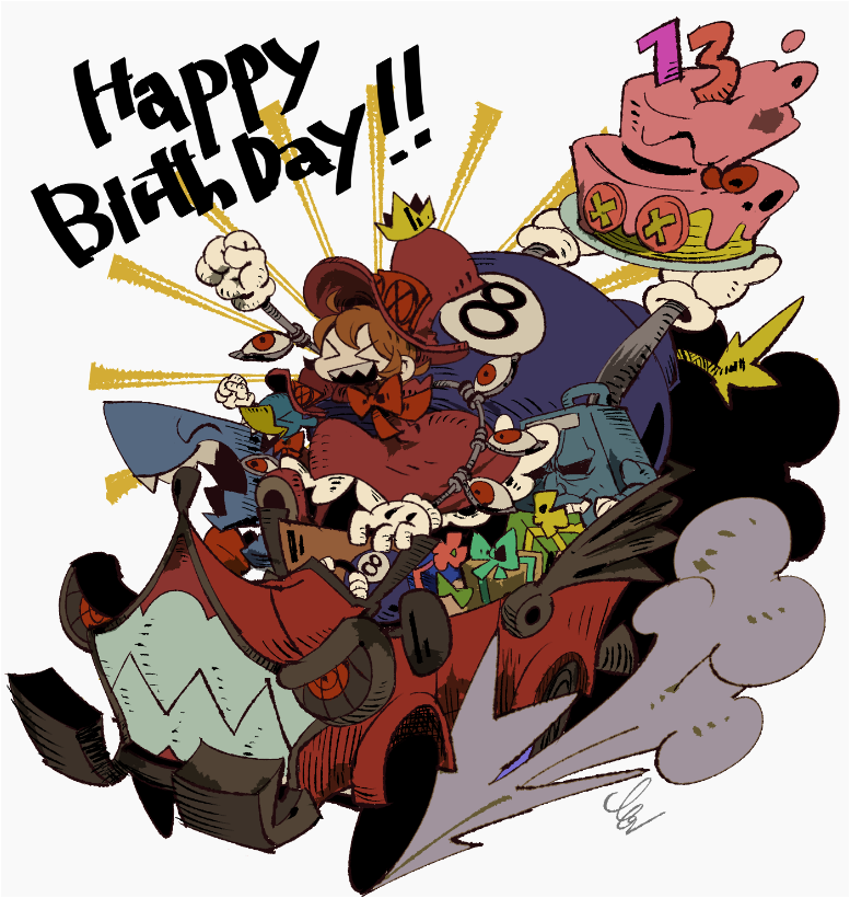 1girl andy_anvil avery_(skullgirls) bow cake car closed_eyes crown cyborg dress driving food george_the_bomb gift gloves grey_background hat laughing lenny_the_bomb motor_vehicle orange_hair peacock_(skullgirls) red_eyes ribbon sharp_teeth short_hair skullgirls smile teeth tommy_ten-tons top_hat yamada9000