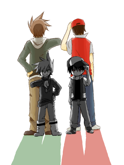 00s 1990s_(style) 2boys baseball_cap black_hair blue_oak blue_oak_(pokemon_hgss) brown_hair dual_persona hat hikari_ryuu multiple_boys nintendo pokemon pokemon_hgss pokemon_rgby red_(pokemon) retro_artstyle tegaki
