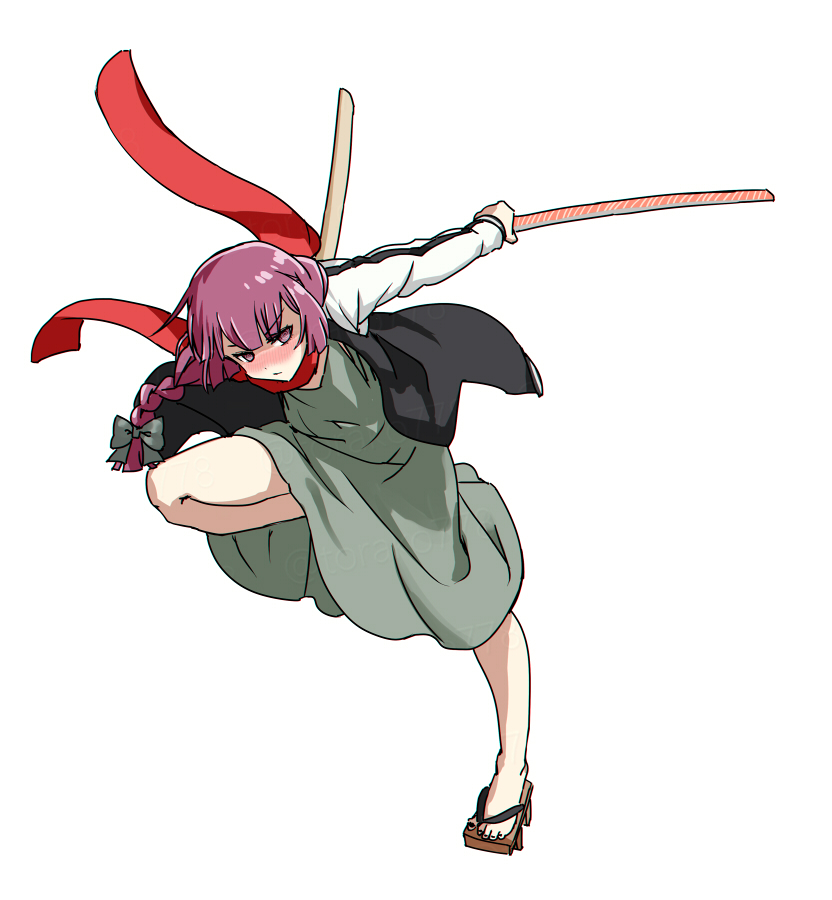 1girl @_@ black_jacket black_nails blazblue blush bocchi_the_rock! bow dress fighting_game full_body geta green_bow green_dress hair_bow hiroi_kikuri jacket kisaragi_jin leg_up long_hair long_sleeves low-braided_long_hair low-tied_long_hair medium_dress multicolored_jacket nail_polish nose_blush open_clothes open_jacket pink_eyes pink_hair red_scarf scarf simple_background solo toenail_polish toenails torako_(toramaru) twitter_username two-tone_jacket v-shaped_eyebrows watermark white_background white_jacket