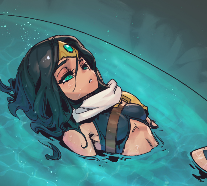 1girl bare_shoulders black_hair breasts forehead_jewel forehead_protector gem green_eyes hair_between_eyes league_of_legends long_hair medium_breasts parted_lips phantom_ix_row sivir solo teeth wet