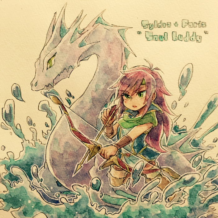1girl blue_dress bow breasts character_name dress faris_scherwiz final_fantasy final_fantasy_v green_eyes leviathan_(final_fantasy) long_hair monster open_mouth purple_hair short_dress sleeveless sleeveless_dress sunagimo_(nagimo) weapon