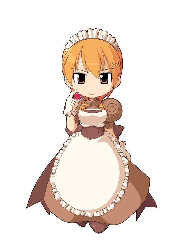 1girl apron breasts brown_dress brown_sash brown_shoes chibi chibi_only collared_dress comodo_casino dress frilled_apron frills full_body gloves hair_ornament holding_poker_chip kafra_uniform looking_at_viewer maid maid_headdress medium_breasts official_art orange_eyes orange_hair poker_chip puffy_short_sleeves puffy_sleeves ragnarok_online roxie_(ragnarok_online) shoes short_sleeves simple_background smile solo standing third-party_source white_apron white_background white_gloves x_hair_ornament yuichirou