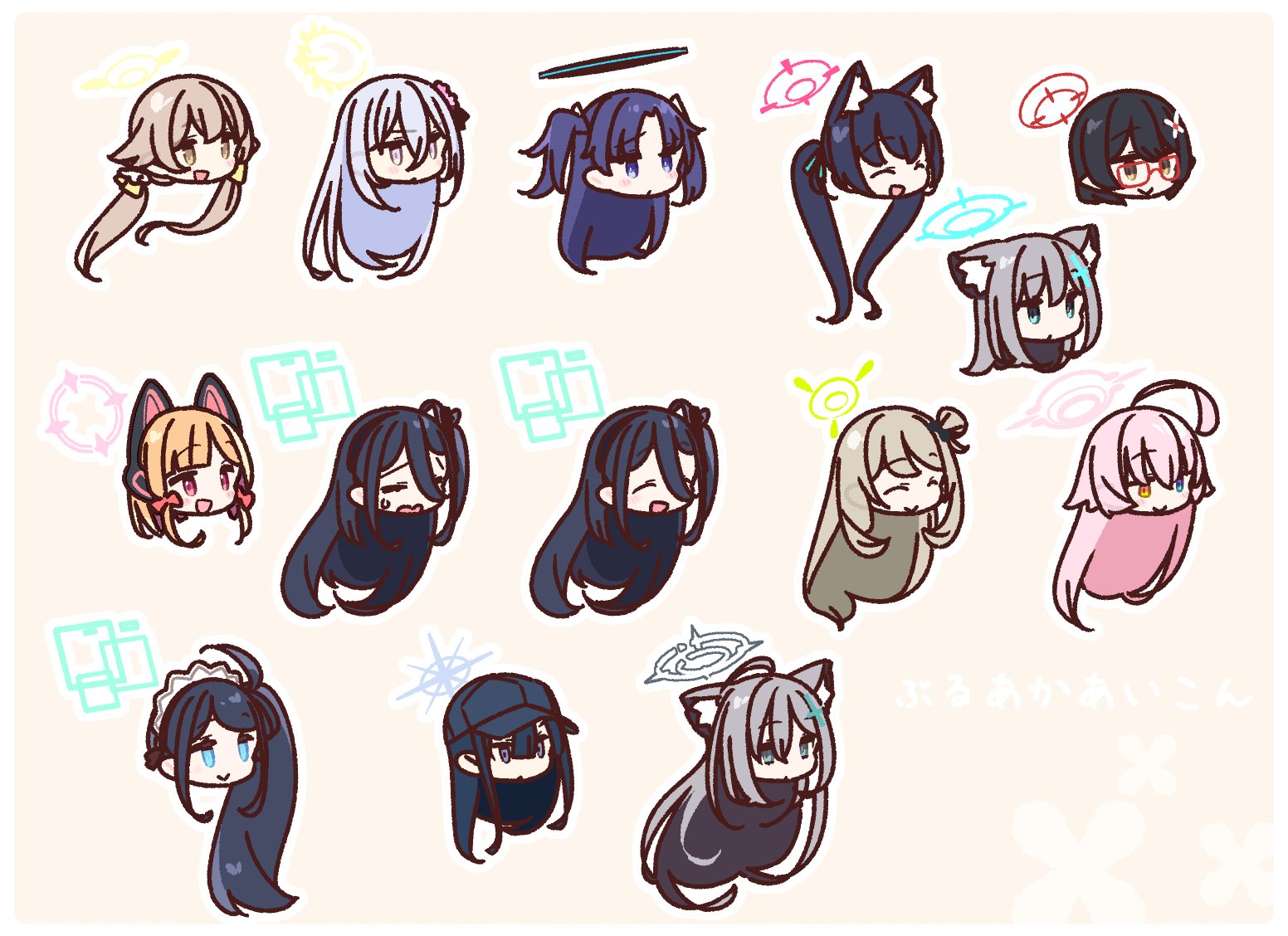 6+girls aris_(blue_archive) ayane_(blue_archive) azusa_(blue_archive) black_hair blonde_hair blue_archive blue_hair blue_halo blush commentary_request glasses green_halo grey_hair halo hat hifumi_(blue_archive) hoshino_(blue_archive) kei_(blue_archive) long_hair looking_to_the_side maid medium_hair momoi_(blue_archive) multiple_girls nonomi_(blue_archive) pink_hair pink_halo red_halo saori_(blue_archive) serika_(blue_archive) shiroko_(blue_archive) shiroko_terror_(blue_archive) simple_background smile twintails white_hair yellow_halo yoru_nai yuuka_(blue_archive)