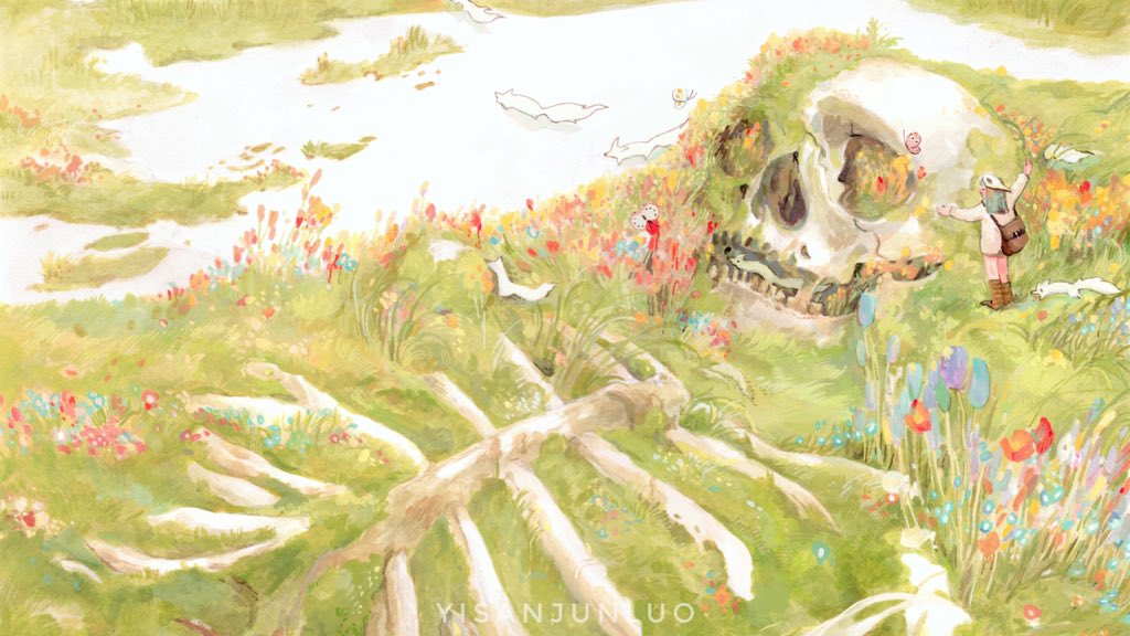 1girl aqua_hair artist_name backpack bag bird_mask blue_flower blunt_bangs brown_bag brown_shoes brown_socks bug butterfly closed_eyes field flower flower_field fox from_behind giant_skeleton happy hug insect kneehighs long_hair long_sleeves mask mask_on_head open_mouth original pink_butterfly pond red_flower shoes skeleton smile socks solo straight_hair striped_clothes striped_socks sweater watermark white_butterfly white_mask white_sweater wide_shot yellow_flower yisanjunluo