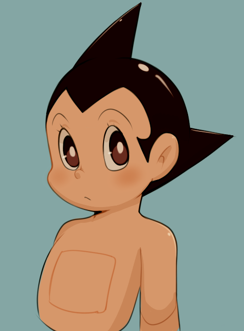 1boy atom_(tetsuwan_atom) black_hair blue_background blush bright_pupils brown_eyes closed_mouth cropped_torso dandi eyelashes looking_at_viewer male_focus short_hair simple_background solo spiked_hair tetsuwan_atom topless_male white_pupils