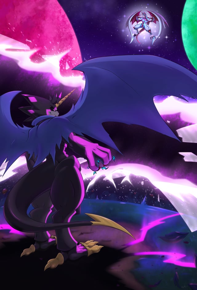 canoweissmon digimon digimon_(creature) digimon_ghost_game dragon gulusgammamon horns looking_at_another muscular star_(sky) tail