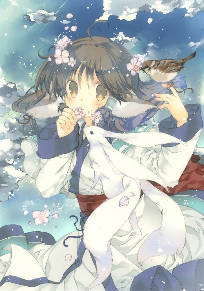 10s ahoge ainu_clothes animal_ears aruruu bird bird_on_hand cherry_blossoms cloud day flower gachatara hair_flower hair_ornament hair_tubes moo_(umineko) short_hair sky solo utawarerumono utawarerumono:_itsuwari_no_kamen yellow_eyes