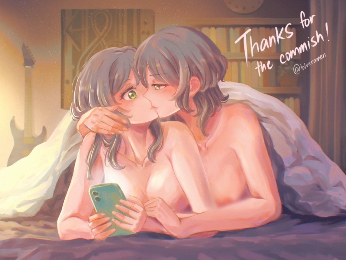 2girls aftersex aqua_hair bang_dream! breasts censored commission english_text green_eyes guitar hikawa_hina hikawa_sayo holding holding_phone incest instrument kiss looking_at_another medium_breasts mosaic_censoring multiple_girls nude phone siblings sisters twincest twins under_covers xin_(blueramen) yuri