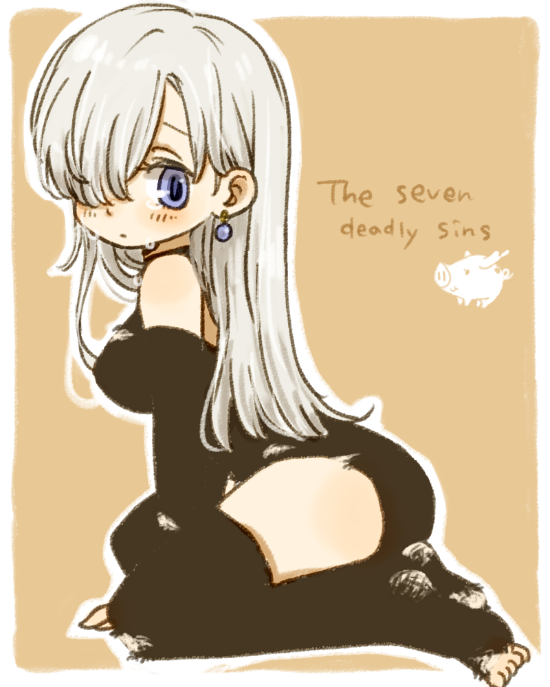 10s 1girl arm_warmers asymmetrical_clothes between_legs black_thighhighs blue_eyes blush bodysuit breasts brown_background copyright_name detached_sleeves earrings elizabeth_liones english_text female_focus fingerless_gloves from_side full_body gloves hair_over_eyes hair_over_one_eye halterneck hand_between_legs hawk_(nanatsu_no_taizai) jewelry leoneth_elizabeth leotard long_hair looking_at_viewer looking_back nanatsu_no_taizai outline parted_bangs raised_eyebrows silver_hair single_thighhigh sitting solo tears thighhighs thighs toes torn_clothes torn_leotard torn_sleeves torn_thighhighs yukke