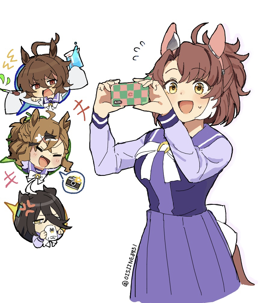+++ 4girls =_= agnes_tachyon_(umamusume) ahoge anger_vein animal_ears back_bow black_hair bow braid brown_hair camera camera_flash clothing_cutout coat coffee_mug commentary_request cup dantsu_flame_(umamusume) ear_covers ear_ornament earrings hair_between_eyes half_up_braid holding holding_beaker holding_cup horse_ears horse_girl horse_tail jam_(umamusume) jewelry jungle_pocket_(umamusume) koushikitarou_(oisiine8931) lab_coat manhattan_cafe_(umamusume) mug multicolored_hair multiple_earrings multiple_girls open_clothes open_coat pleated_skirt purple_serafuku purple_shirt purple_skirt red_eyes sailor_collar school_uniform serafuku shirt simple_background skirt sleeves_past_fingers sleeves_past_wrists smile spoken_expression streaked_hair tail tail_through_clothes tracen_school_uniform twitter_username umamusume white_background white_bow white_coat white_hair winter_uniform yellow_eyes