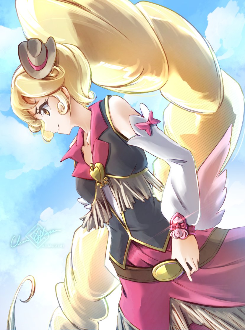 1girl artist_name blonde_haired_cure_(bomber_girls_precure)_(happinesscharge_precure!) character_request check_character clear_glass_(mildmild1311) commentary_request cowboy_hat drill_hair eyelashes happinesscharge_precure! happy hat long_hair looking_to_the_side magical_girl ponytail precure signature smile solo standing twitter_username very_long_hair vest yellow_eyes