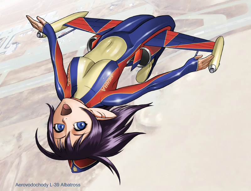 1girl aero_l-39_albatros aircraft airplane blue_eyes bodysuit breasts female_focus flying hat janome_gochou jet latex latex_suit mecha_musume military open_mouth original outdoors pointy_ears purple_hair skin_tight solo upside-down