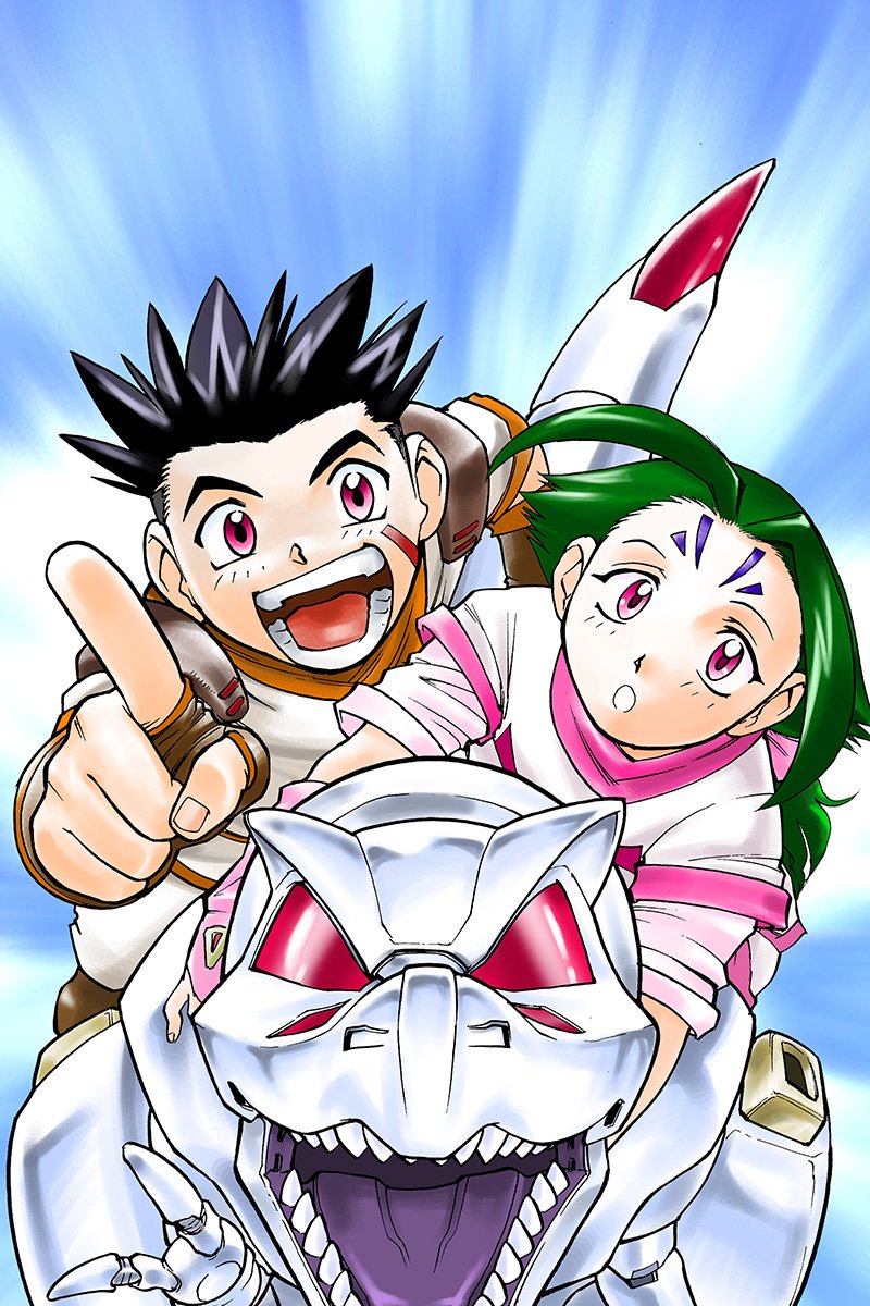 1boy 1girl cloud commentary_request dress facial_mark fiona_(zoids) forehead_mark gloves highres long_hair open_mouth ponytail red_eyes smile ueyama_michirou van_flyheight zeke_(zoids) zoids zoids_chaotic_century