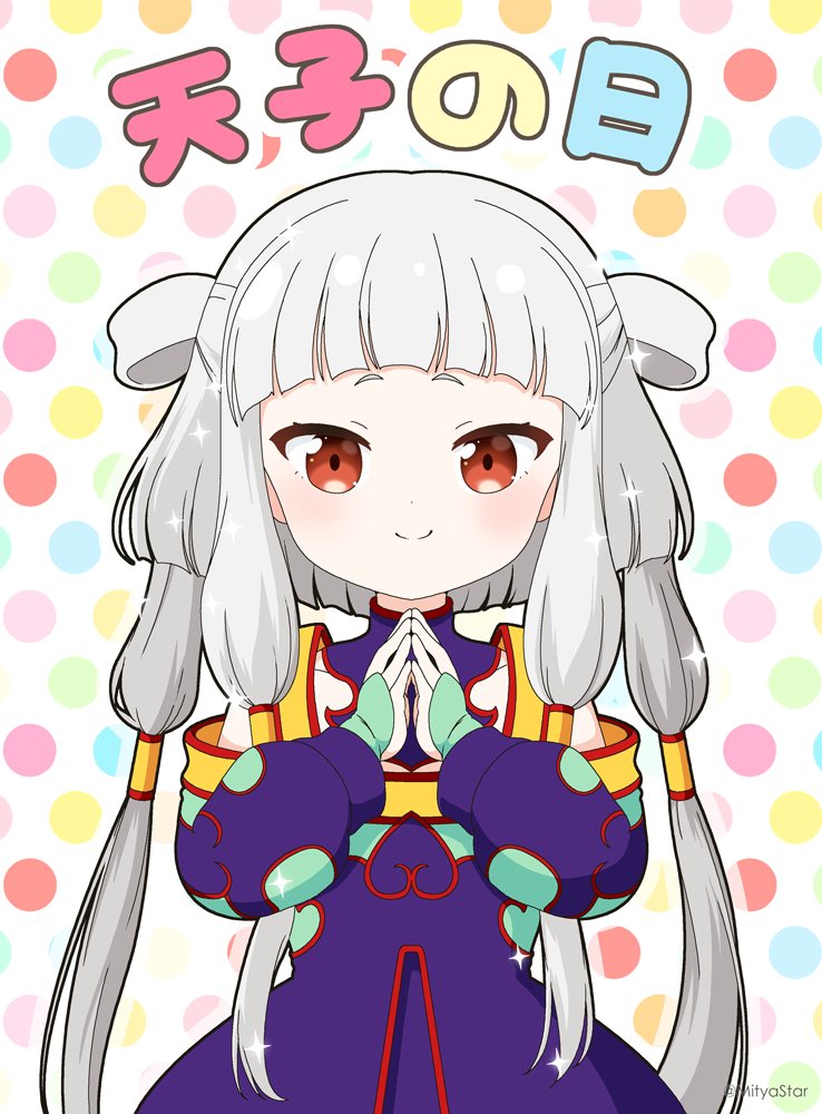 1girl blush closed_mouth code_geass commentary_request dress grey_hair hair_rings long_hair long_sleeves looking_at_viewer mitya multicolored_polka_dots outline polka_dot polka_dot_background puffy_long_sleeves puffy_sleeves purple_dress red_eyes simple_background sleeves_past_wrists smile solo sparkle steepled_fingers tianzi translation_request very_long_hair white_background white_outline