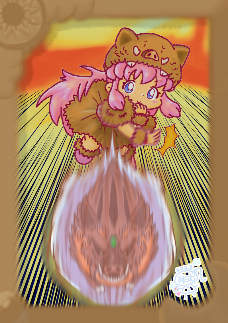 10s 1girl 2019 2023 20s animal animal_hat ball baseball_(object) blue_eyes blush boar brown_dress brown_fur brown_hat chinese_zodiac dress fur-trimmed_shoes fur_dress fur_trim fur_wrist_cuffs happy_new_year hat heart long_hair looking_at_viewer misukomu_plus motion_lines musical_note new_year original pig pig_hat pink_hair pink_shoes puffy_sleeves sharp_teeth shoes short_sleeves sky smile standing standing_on_one_leg teeth throwing tusks wrist_cuffs year_of_the_pig yellow_sky zodiac_girl_(misukomu_plus)