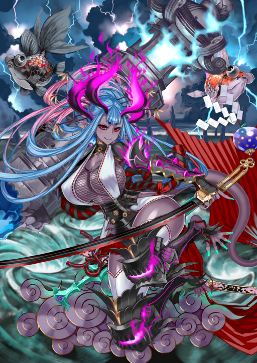 1girl animal arm_at_side arm_up armor asymmetrical_dual_wielding black_sclera black_shrug blue_background blue_fire blue_hair breasts caustics center-flap_bangs cleavage closed_mouth cloud collared_shrug colored_sclera colored_skin curvy dual_wielding evil_smile fate/grand_order fate_(series) fingernails fire fish fishnet_top fishnets flaming_horns floating floating_hair full_body game_cg green_nails hair_rings holding holding_sword holding_weapon honjou_raita horns huge_breasts ibuki_douji_(fate) ibuki_douji_(swimsuit_berserker)_(fate) ibuki_douji_(swimsuit_berserker)_(third_ascension)_(fate) japanese_armor katana kusanagi_no_tsurugi_(fate) leg_armor legs_up lightning long_fingernails long_hair long_pointy_ears long_sidelocks long_toenails looking_at_viewer multicolored_hair multiple_horns official_art outstretched_foot overcast pink_fire pink_hair pinky_out pointy_ears purple_skin red_eyes shide shrug_(clothing) sidelocks sidelocks_tied_back sky smile solo stirrup_legwear stone_lantern storm streaked_hair sword thighhighs third-party_source toeless_legwear toenails unsheathed variant_set waist_cape water weapon white_thighhighs