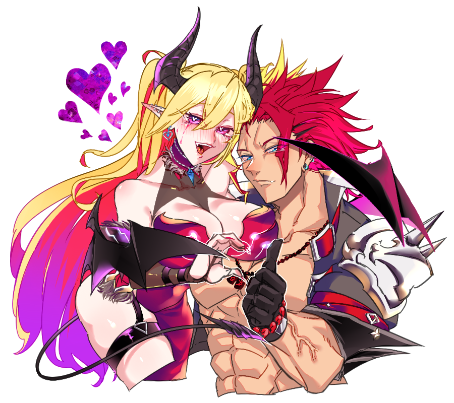 1boy 1girl abs bare_shoulders black_gloves black_horns black_jacket black_tail black_wings blonde_hair breasts cleavage cowboy_shot cropped_jacket demon_girl demon_horns demon_tail demon_wings dress duel_monster fiendsmith_engraver gloves heart heart_hands_failure horns jacket lacrima_the_crimson_tears large_breasts long_hair multicolored_hair no_shirt open_mouth pink_hair purple_eyes red_dress red_hair seisei_neko sharp_teeth shoulder_spikes simple_background single_shoulder_pad spiked_hair spikes tail teeth thumbs_up tongue two-tone_hair two_side_up upper_body upper_teeth_only very_long_hair white_background wings yu-gi-oh!