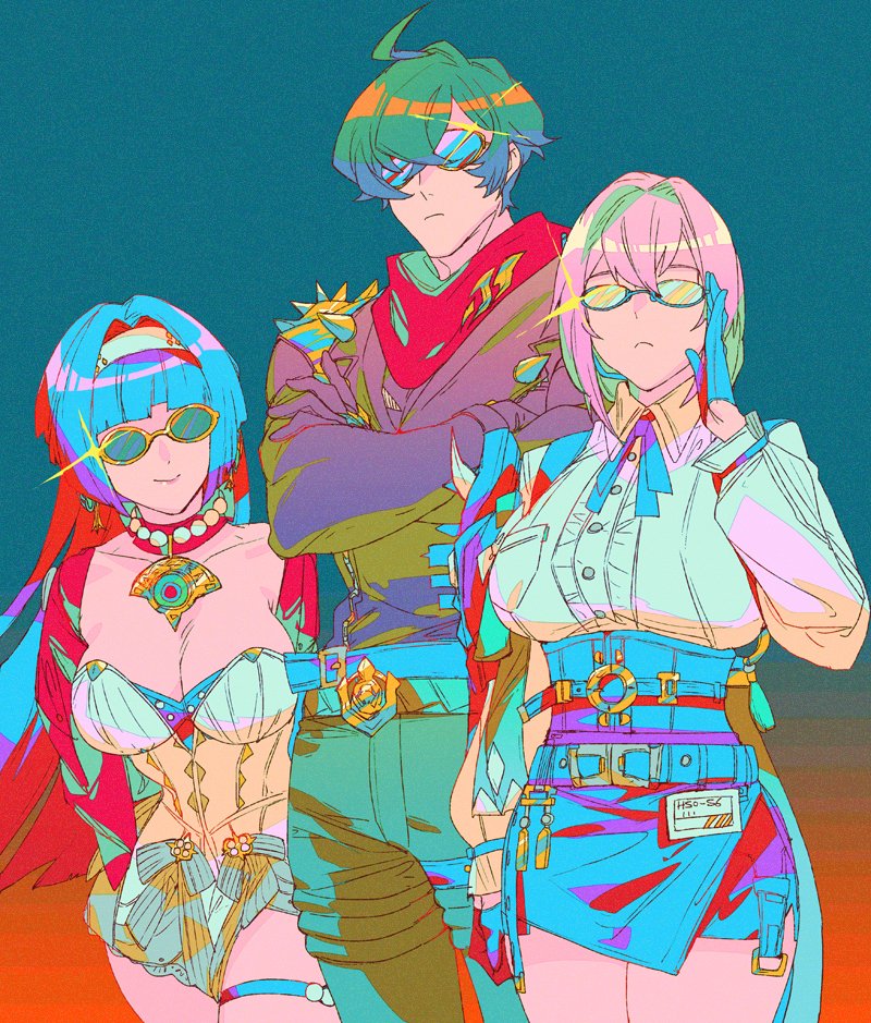 1boy 2girls astra_yao black_gloves black_hair black_jacket black_skirt blunt_bangs breasts cleavage closed_mouth cowboy_shot dress_shirt gloves green_hair high-waist_skirt jacket jewelry large_breasts light_particles lighter_(zenless_zone_zero) long_hair mizu_cx multiple_girls necklace pencil_skirt pink_hair red_jacket red_scarf scarf shirt short_hair simple_background skirt smile sunglasses tsukishiro_yanagi zenless_zone_zero