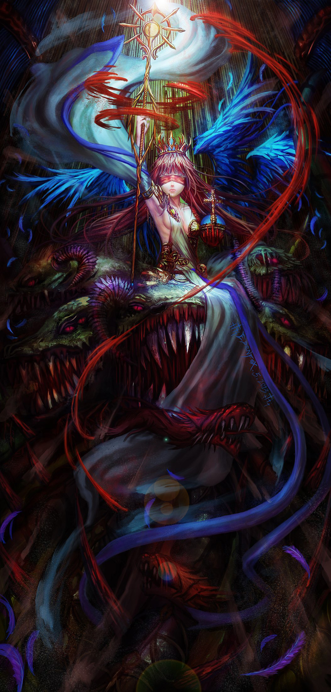 1girl ancient_greek_clothes arm_up blindfold blue_wings breasts colored_blindfold commentary_request crown detached_sleeves dragon edenfox fantasy feathered_wings greco-roman_clothes highres lips monster multiple_wings original peplos pink_hair sideboob small_breasts staff toga wide_sleeves wings