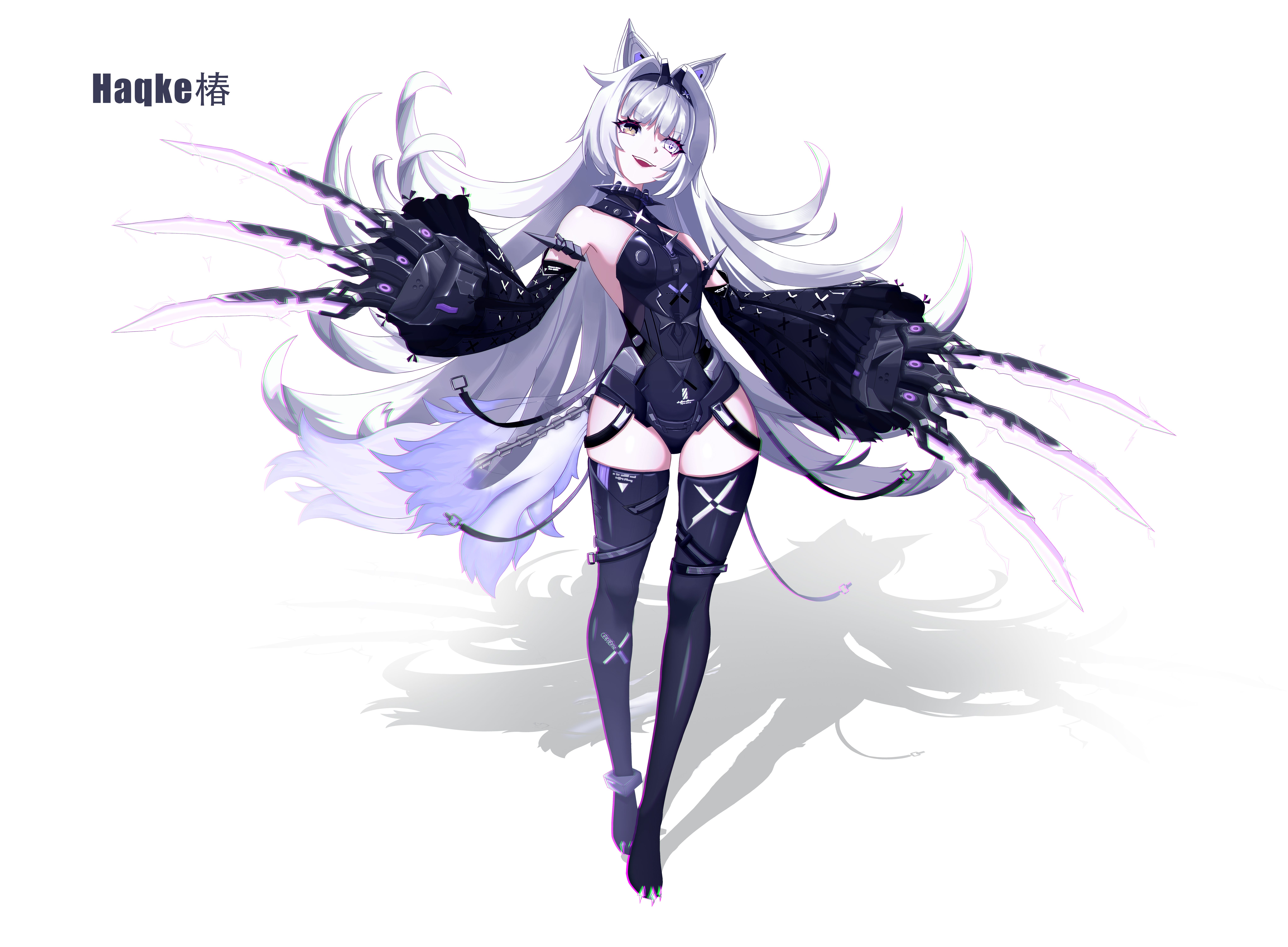 1girl absurdres animal_ears anklet armlet artist_name bare_shoulders black_hairband black_leotard boots breasts chinese_commentary claws commentary detached_sleeves energy_claws full_body grey_eyes hair_intakes hairband haqke_chun headgear heterochromia highres huge_claws jewelry leotard long_hair long_sleeves no._21:_feral_scent_(pgr) no._21_(pgr) open_mouth punishing:_gray_raven revision shadow simple_background skindentation sleeves_past_wrists small_breasts smile solo spiked_armlet tachi-e tail teeth thigh_boots upper_teeth_only very_long_hair white_background white_hair wide_sleeves wolf_ears wolf_girl wolf_tail yellow_eyes