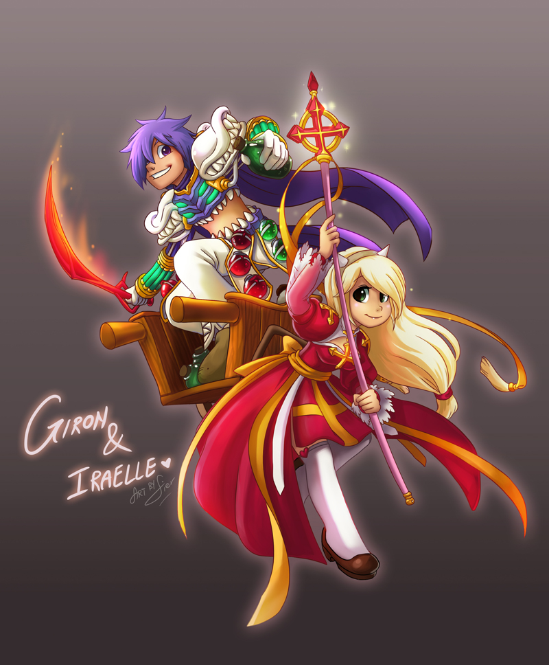 1boy 1girl arch_bishop_(ragnarok_online) armor blonde_hair bottle breastplate breasts brown_shoes character_name cleavage_cutout closed_mouth clothing_cutout commentary cone_horns corked_bottle crosier cross dress english_commentary fake_horns flaming_sword flaming_weapon flask full_body genetic_(ragnarok_online) gloves gradient_background green_eyes grey_background grey_horns grin hair_over_one_eye holding holding_bottle holding_staff holding_sword holding_weapon horns juliet_sleeves long_hair long_sleeves looking_at_viewer low-tied_long_hair medium_breasts midriff pants pauldrons potion puffy_sleeves pullcart purple_eyes purple_hair ragnarok_online red_dress round-bottom_flask sash shoes shoulder_armor simple_background smile staff sword thighhighs warlockfier weapon white_gloves white_pants white_thighhighs yellow_sash