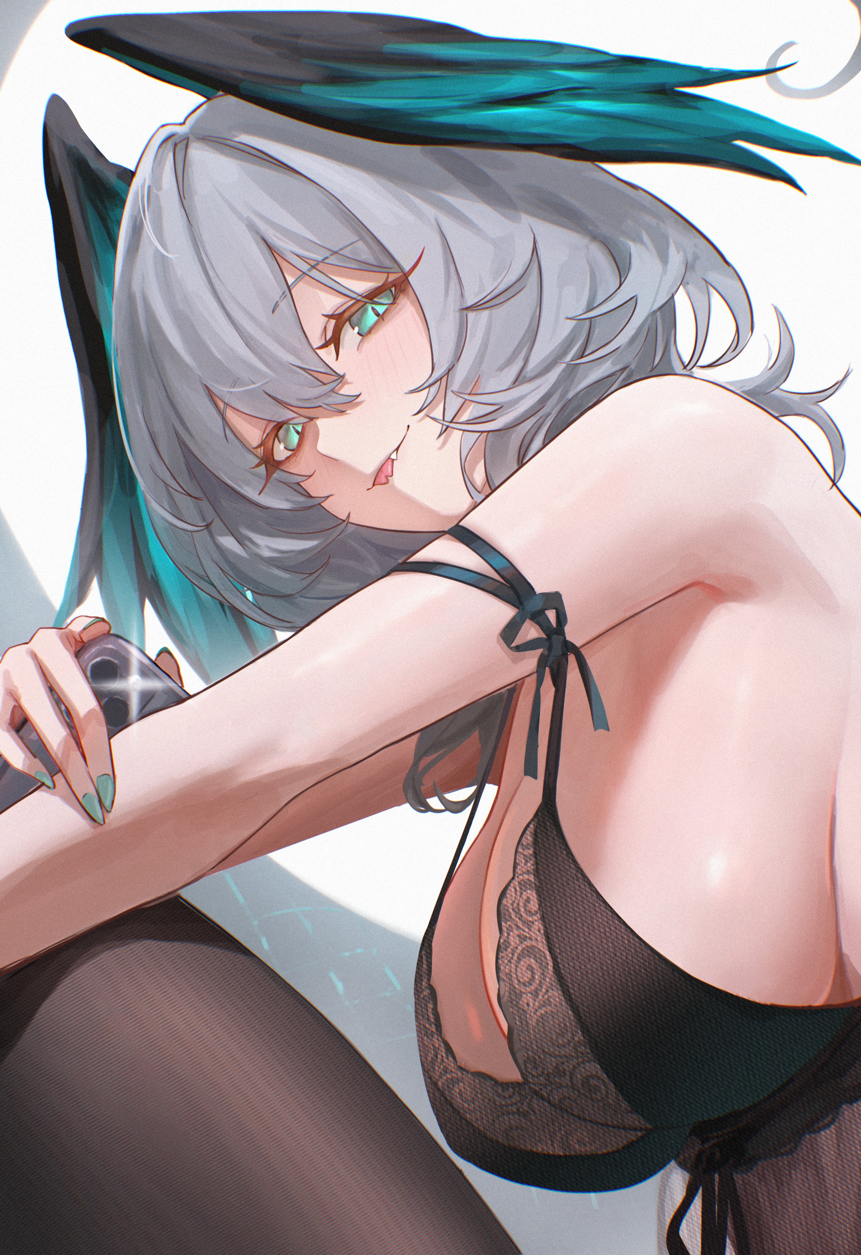 1girl absurdres aqua_eyes aqua_nails aqua_wings arknights armpit_crease babydoll bare_shoulders black_thighhighs black_wings breasts cellphone cleavage forked_tongue from_side gradient_wings grey_hair hair_between_eyes head_wings highres ho'olheyak_(arknights) holding holding_phone large_breasts looking_at_viewer medium_hair multicolored_wings nail_polish phone see-through_babydoll see-through_clothes smartphone smile snake_tail solo strap_slip tail thighhighs tongue tongue_out uof wings