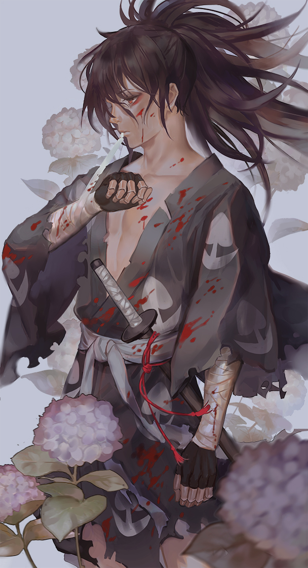1boy bandage_in_mouth bandaged_arm bandages black_gloves black_hair black_kimono blood blood_on_arm blood_on_chest blood_on_clothes blood_on_face blood_splatter bloody_bandages closed_mouth collarbone commentary dororo_(tezuka) fingerless_gloves flower gloves hair_between_eyes hyakkimaru_(dororo) hydrangea japanese_clothes katana kimono long_hair looking_ahead male_focus pectorals peridotz ponytail profile prosthesis prosthetic_hand purple_flower red_eyes sheath sheathed solo standing sword torn_clothes torn_kimono weapon