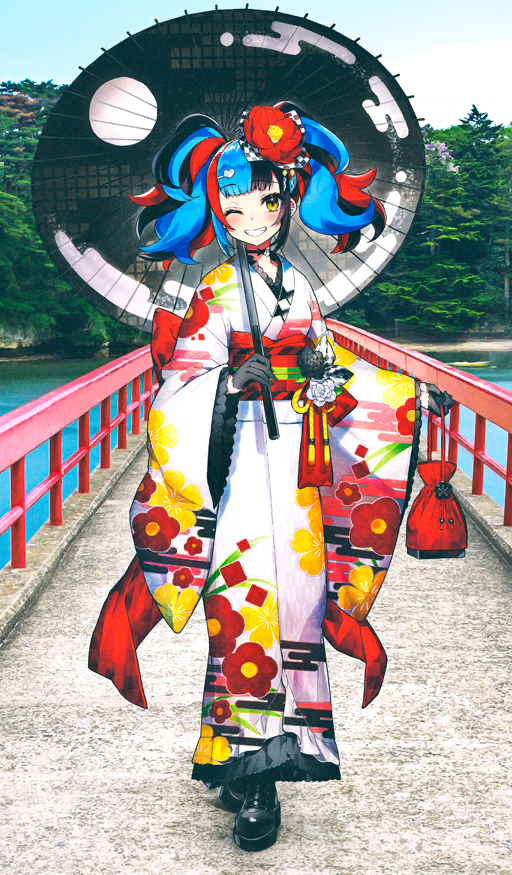 1girl bag black_boots black_gloves black_hair black_ribbon black_umbrella blue_hair blue_sky blush boots breasts bridge commentary crossed_legs fate/grand_order fate_(series) floral_print floral_print_kimono flower full_body gloves hair_flower hair_ornament hairpin half_gloves heart heart_hair_ornament holding holding_bag holding_umbrella japanese_clothes kimono kinchaku lake long_sleeves medium_hair mika_pikazo multicolored_hair nature neck_ribbon obi obiage obijime official_art oil-paper_umbrella one_eye_closed outdoors parted_lips photo_background pouch print_kimono red_bag red_flower red_hair red_sash ribbon sash sei_shounagon_(fate) sei_shounagon_(under_the_same_sky)_(fate) sidelocks sky small_breasts smile solo standing teeth third-party_source tree twintails umbrella umbrella_over_shoulder water white_kimono wide_sleeves yellow_eyes