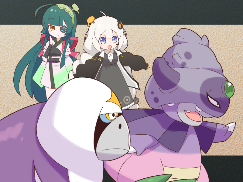 2girls ahoge black_dress blue_eyes dress eyepatch galarian_slowking gen_7_pokemon green_hair hair_ornament kizuna_akari lins_(kagekusa) long_hair long_sleeves multiple_girls nintendo open_mouth oranguru pokemon pokemon_(creature) standing touhoku_zunko very_long_hair voiceroid white_hair yellow_eyes