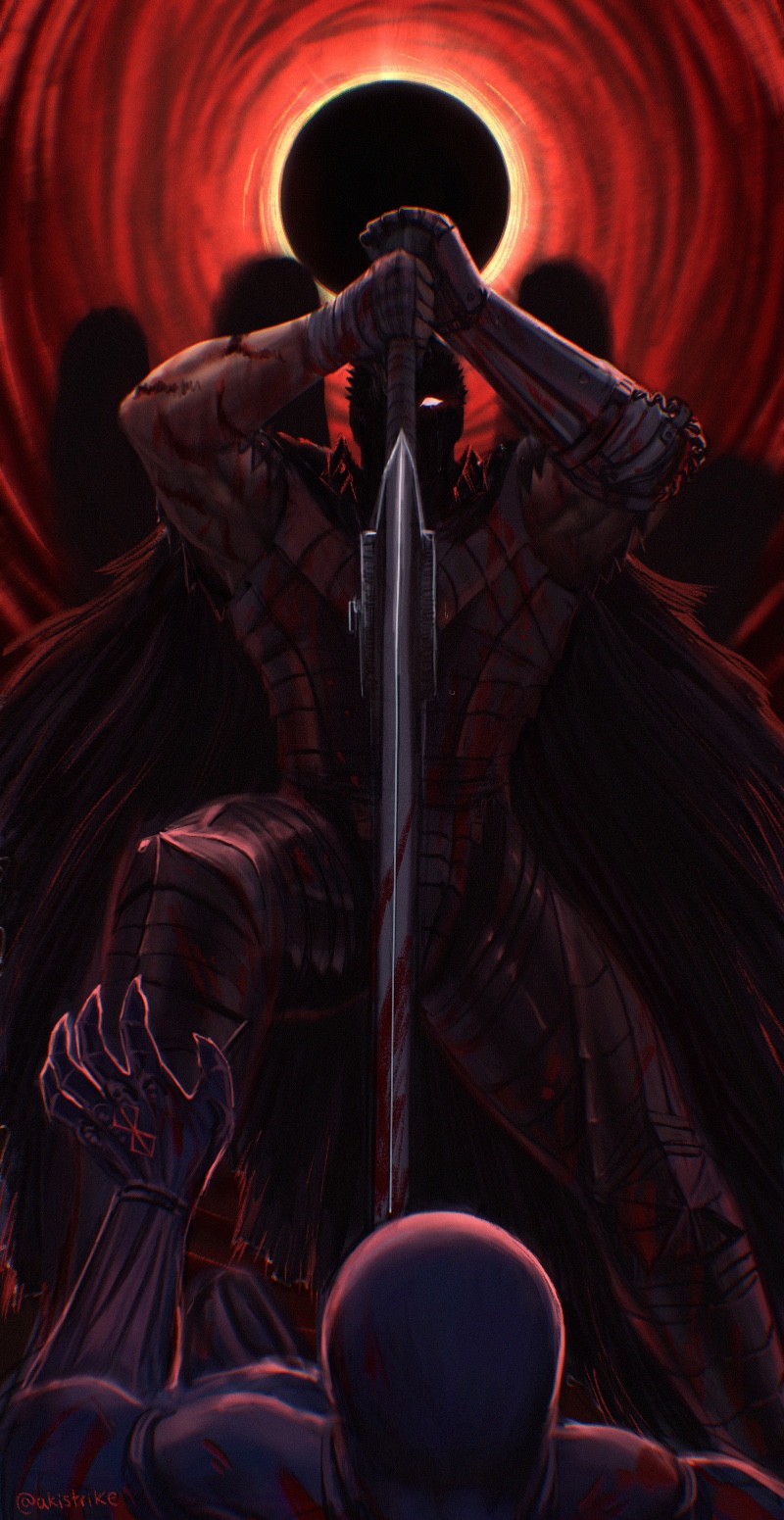 2boys aki_(akistrike) armor bandaged_hand bandages berserk berserker_armor black_cloak blood blood_on_clothes blood_on_hands bloody_weapon brand_of_sacrifice claws cloak commentary crying crying_with_eyes_open defeat dragonslayer_(sword) eclipse fallen_down femto_(berserk) from_below glowing glowing_eye greatsword griffith_(berserk) guts_(berserk) highres holding holding_sword holding_weapon injury male_focus multiple_boys one_eye_closed prosthesis prosthetic_arm reaching sleeveless solar_eclipse sword tears torn_cloak torn_clothes twitter_username weapon