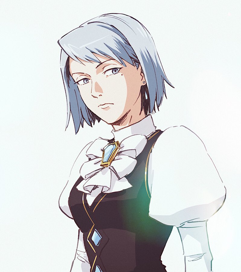 1girl ace_attorney ascot black_vest blue_eyes blue_hair breasts closed_mouth commentary_request earrings franziska_von_karma gem jewelry juliet_sleeves long_sleeves looking_at_viewer medium_breasts mole mole_under_eye puffy_sleeves shirt short_hair simple_background solo taba_(tb_gya) upper_body vest white_shirt