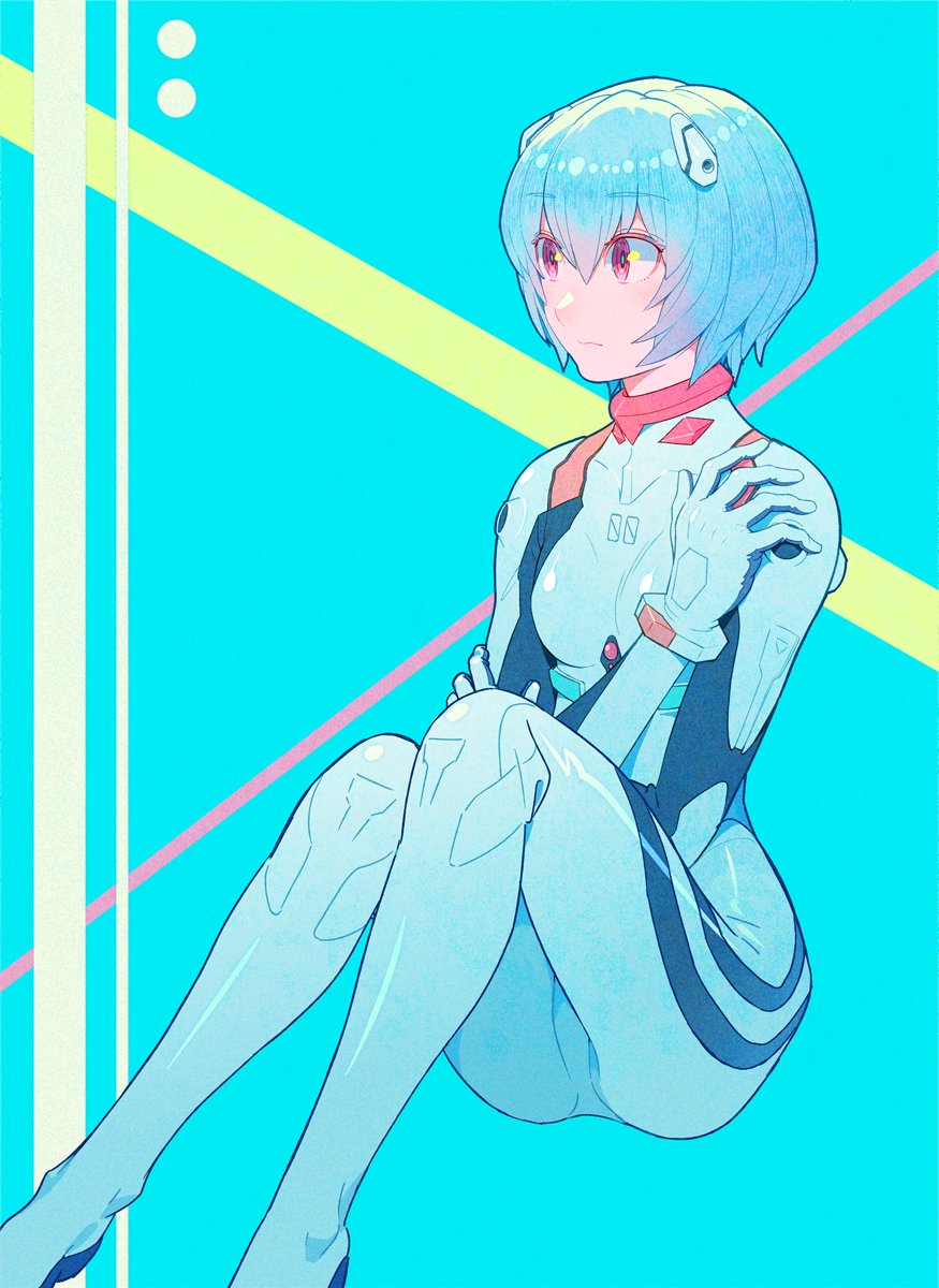 1girl :| aqua_background ayanami_rei blue_hair bodysuit breasts closed_mouth commentary expressionless feet_out_of_frame hair_between_eyes hand_on_own_arm hand_on_own_shoulder highres interface_headset_(evangelion) knees_up looking_afar looking_ahead mecha_pilot_suit neon_genesis_evangelion nobile1031 pink_background plugsuit_(evangelion) red_eyes short_hair sitting small_breasts solo white_background white_bodysuit yellow_background