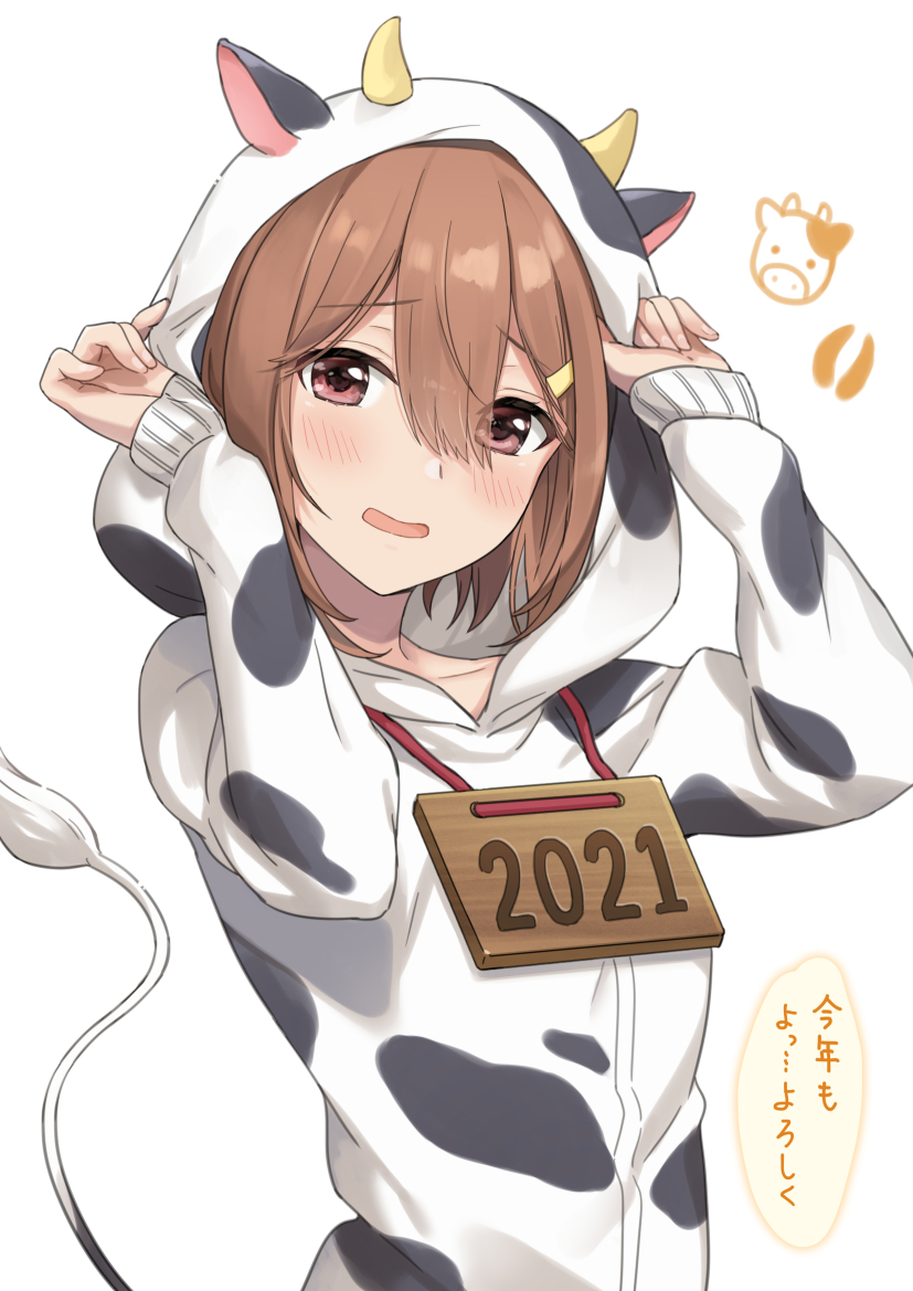 1girl 2021 animal_print azuki_yui brown_eyes brown_hair collarbone cow cow_hood cow_print cow_tail holding_hoodie hood hoodie open_mouth original short_hair sign solo tail two-tone_hoodie upper_body white_background