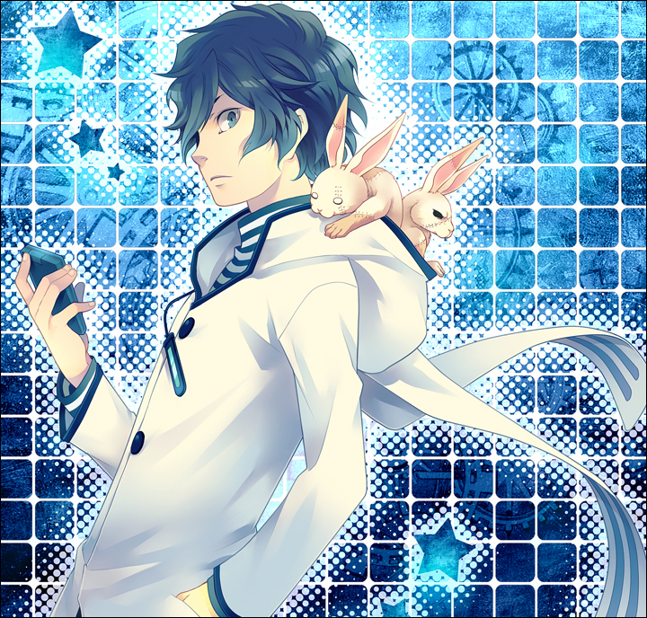 10s 1boy black_hair blue_eyes cellphone devil_survivor_(series) devil_survivor_2 digital_media_player hair_over_one_eye hood hoodie kuze_hibiki male_focus phone rabbit scarf short_hair solo tatsuji