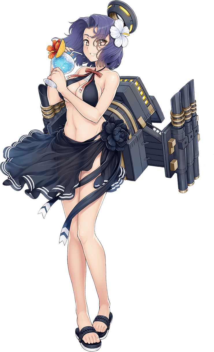 1girl ayaki bikini breasts dress drink drinking_straw female_focus flip-flops flower full_body grin hair_flower hair_ornament halo hibiscus highres kantai_collection mechanical_halo medium_breasts navel official_art pigeon-toed purple_eyes purple_hair sandals sarong short_hair skirt smile solo standing swimsuit tatsuta_(kancolle) tatsuta_(swimsuit)_(kancolle) transparent_background