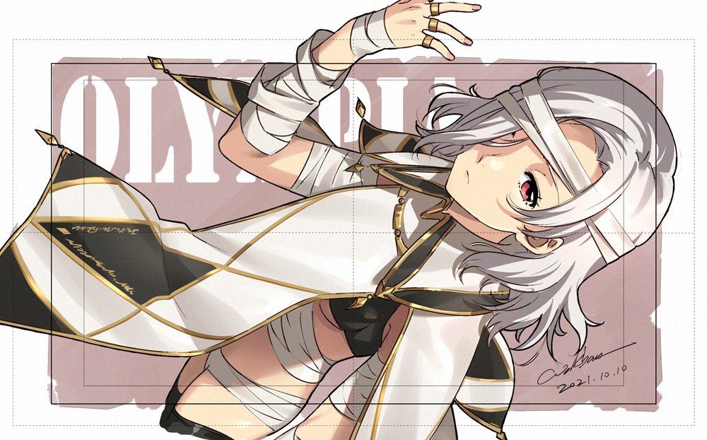 1girl bandaged_arm bandaged_leg bandages black_thighhighs breasts character_name cloak closed_mouth commentary cowboy_shot dated dated_commentary dutch_angle eiyuu_densetsu expressionless falcom hair_over_one_eye jewelry kuro_no_kiseki_(series) kuro_no_kiseki_i looking_at_viewer medium_hair multiple_rings olympia_(eiyuu_densetsu) parted_bangs purple_background red_eyes ring signature silver_hair simple_background small_breasts solo thighhighs werkbau white_cloak