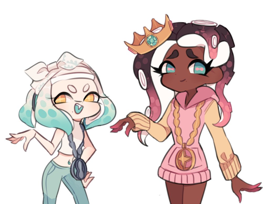 2girls alternate_costume aqua_hair bad_id bad_twitter_id bare_arms bare_shoulders black_hair blue_eyes blue_gemstone blue_pants blunt_bangs bow cephalopod_eyes charamells closed_mouth cowboy_shot crop_top cropped_shirt crown dark-skinned_female dark_skin dress eyelashes fang fashion gem gradient_hair hair_bow hairband hood hood_down hooded_dress long_hair long_sleeves marina_(dj_hyperfresh)_(splatoon) marina_(splatoon) medal medium_hair midriff mole mole_under_mouth multicolored_hair multiple_girls navel nintendo open_mouth pants pearl_(mc.princess)_(splatoon) pearl_(splatoon) pink_dress pink_hair pink_pupils shirt short_dress simple_background sleeveless sleeveless_shirt smile splatoon_(series) sweater sweater_dress sweatpants teeth tentacle_hair thick_eyebrows upper_teeth_only v-shaped_eyebrows white_background white_bow white_hair white_hairband white_shirt yellow_crown yellow_eyes yellow_sweater