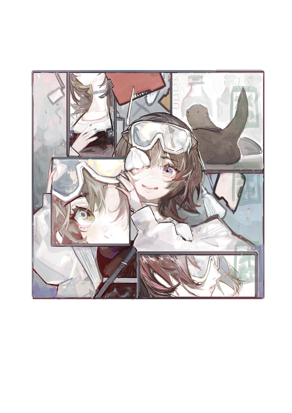 1girl animal arknights black_shirt border brown_hair commentary_request goggles goggles_on_head highres jacket looking_at_viewer multiple_views open_clothes open_jacket open_mouth otter pipidan purple_eyes roberta_(arknights) shirt short_hair smile white_border white_jacket