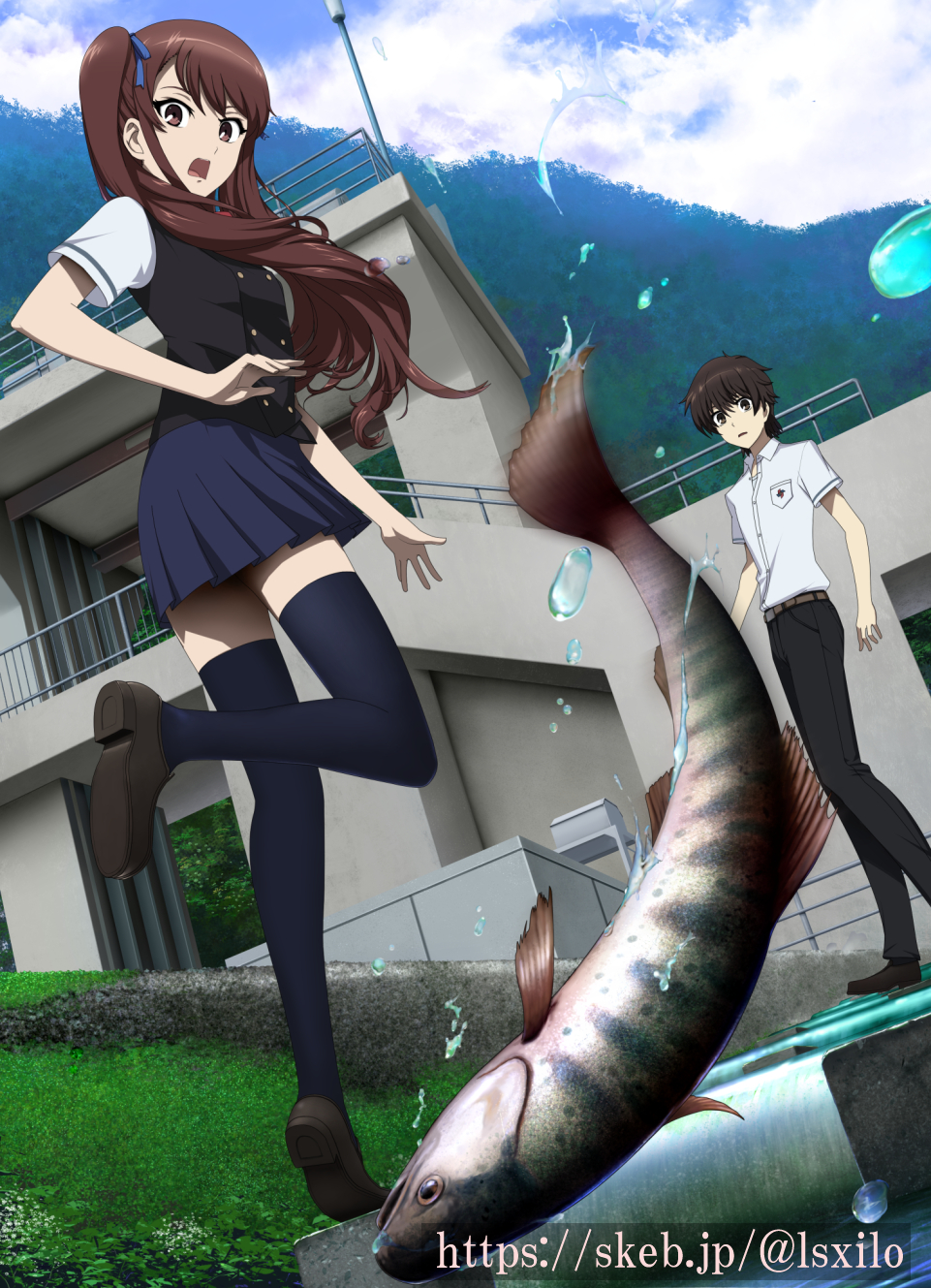 1boy 1girl akazawa_izumi another artist_name belt black_pants black_thighhighs black_vest blue_ribbon blue_skirt brown_belt brown_eyes brown_hair brown_shoes buttons commentary_request double-breasted dutch_angle fish hair_ribbon heel_up highres loafers long_hair looking_back lsxilo open_mouth outdoors pants pleated_skirt ribbon sakakibara_kouichi school_uniform shirt shoes short_hair skirt standing standing_on_one_leg summer_uniform thighhighs twintails vest watermark web_address white_shirt yomiyama_north_junior_high_school_uniform