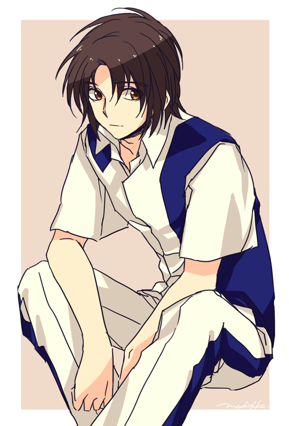 10s 1boy black_hair brown_background brown_eyes invisible_chair looking_to_the_side machi_fuka makabe_kazuki male_focus pants short_hair short_sleeves signature sitting solo soukyuu_no_fafner uniform