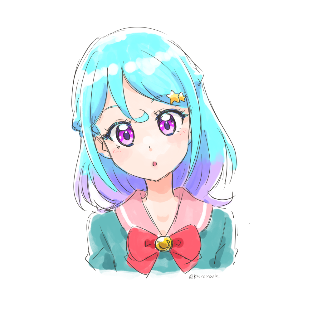 1girl :o aikatsu!_(series) aikatsu_friends! aqua_dress blue_hair blush braid commentary cropped_torso dress french_braid gradient_hair hair_between_eyes hair_ornament head_tilt kurorook looking_at_viewer medium_hair minato_mio multicolored_hair open_mouth pink_sailor_collar portrait purple_eyes purple_hair sailor_collar school_uniform simple_background single_stripe solo star_(symbol) star_hair_ornament star_harmony_academy_school_uniform twitter_username white_background