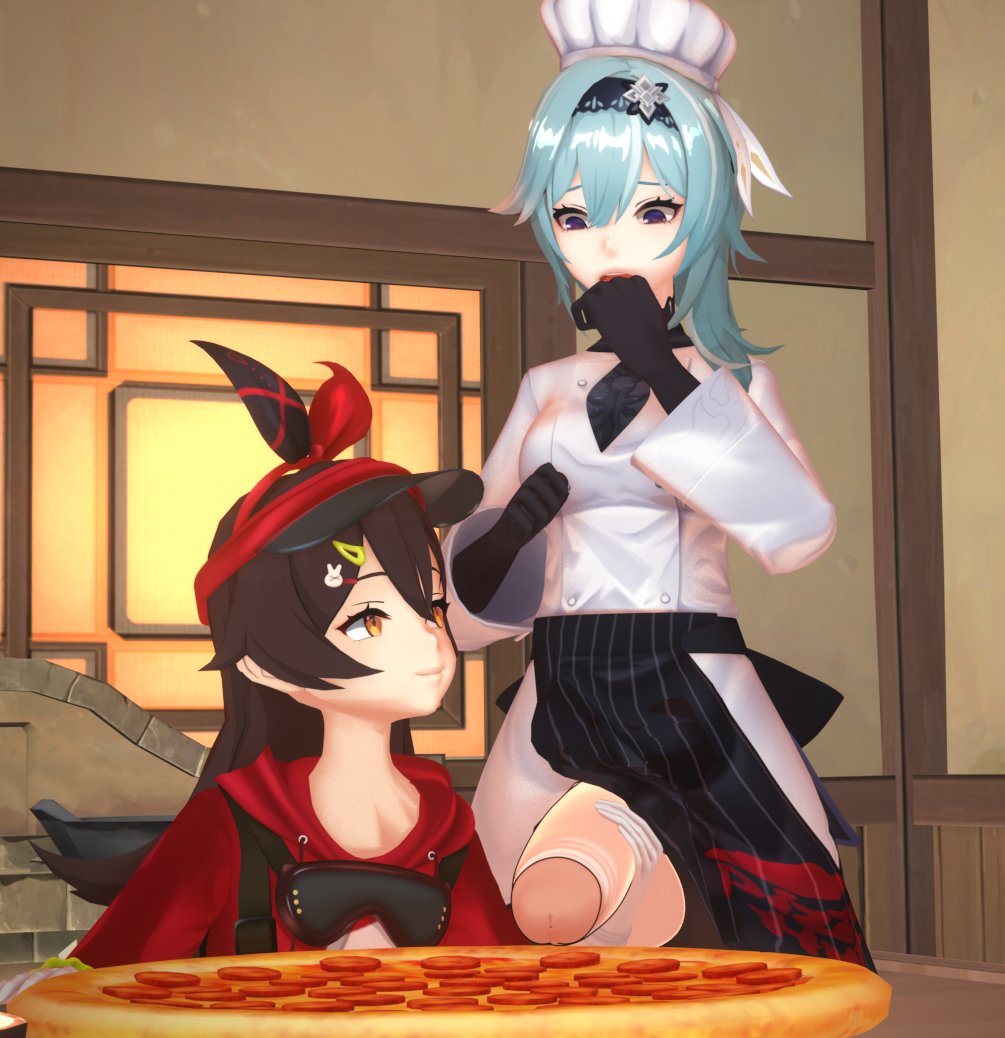 1futa 1girl amber_(genshin_impact) bag blue_hair brown_hair chef chef_hat eula_(genshin_impact) food futa_with_female futaflux futanari genshin_impact gloves hair_ornament hand_on_penis hat hood hoodie huge_penis jacket looking_at_another multiple_girls penis penis_grab pizza red_hood red_hoodie testicles