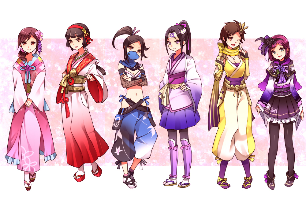 6+girls bad_id bad_pixiv_id black_hair blue_eyes breasts brown_eyes brown_hair capelet cleavage hair_ornament hairband headband hosokawa_gracia inahime japanese_clothes kimono kunoichi_(sengoku_musou) long_hair mojya multiple_girls navel nene nene_(sengoku_musou) ninja oichi_(sengoku_musou) okuni one_eye_closed pantyhose ponytail purple_hair sandals sengoku_musou sengoku_musou_2 sengoku_musou_3 short_hair skirt wink yukata