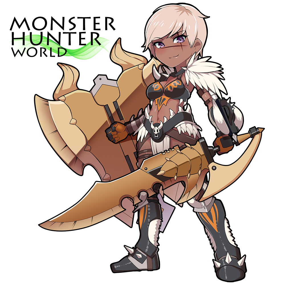 1girl armor armored_boots bikini_armor blonde_hair blush boots charge_blade chibi copyright_name dark-skinned_female dark_skin female_focus full_body gauntlets holding holding_shield holding_sword holding_weapon horns kupala loincloth looking_at_viewer monster_hunter:_world monster_hunter_(series) navel nergigante_(armor) no_nose purple_eyes scar scar_across_eye scar_on_face shield short_hair skull smile solo spikes stomach sword weapon