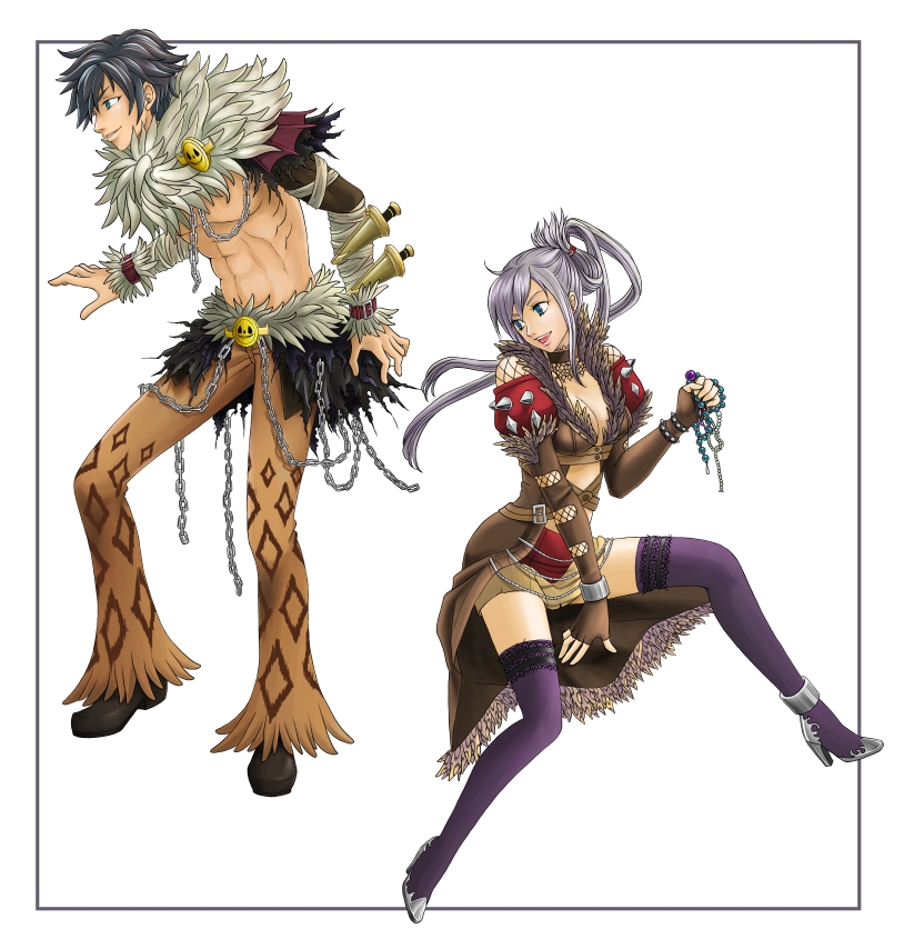 1boy 1girl abs animal_print black_cape black_hair black_shoes breasts brown_coat brown_gloves brown_pants cape chain cleavage coat commentary_request cross-laced_clothes cross-laced_gloves cross-laced_top dagger elbow_gloves fingerless_gloves folded_ponytail full_body fur-trimmed_coat fur_collar fur_trim gloves green_eyes grey_shoes hi_(ibisf5umauma) high_heels knife lace lace-trimmed_legwear lace_trim leopard_print long_hair looking_at_another medium_breasts miniskirt open_mouth pants purple_thighhighs ragnarok_online red_skirt shadow_chaser_(ragnarok_online) sheath shoes short_hair shrug_(clothing) simple_background skirt smile smiley_face thighhighs toned toned_male waist_cape weapon white_background