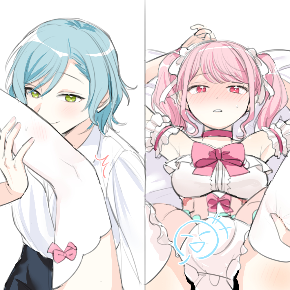 2girls armpits bang_dream! blue_hair blush bow bowtie chieh choker closed_mouth commentary dress green_eyes hair_ribbon hikawa_hina looking_at_viewer maruyama_aya multiple_girls parted_lips pink_bow pink_bowtie pink_choker pink_eyes pink_hair ribbon short_hair smile spread_legs sweatdrop symbol-only_commentary thighhighs twintails white_dress white_ribbon white_thighhighs yuri